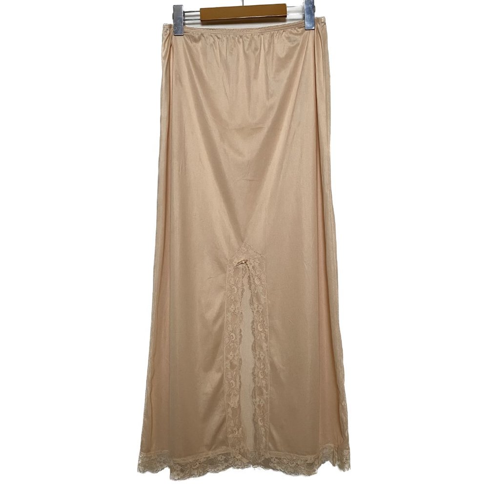 Vintage Slip Maxi Skirt Women M Ivory Peach Lace Front Slit Coquette Feminine